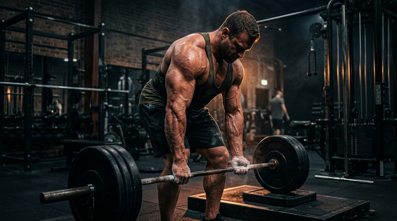 Muscular bodybuilder preparing for a heavy barbell lift inside Fitness World Gym