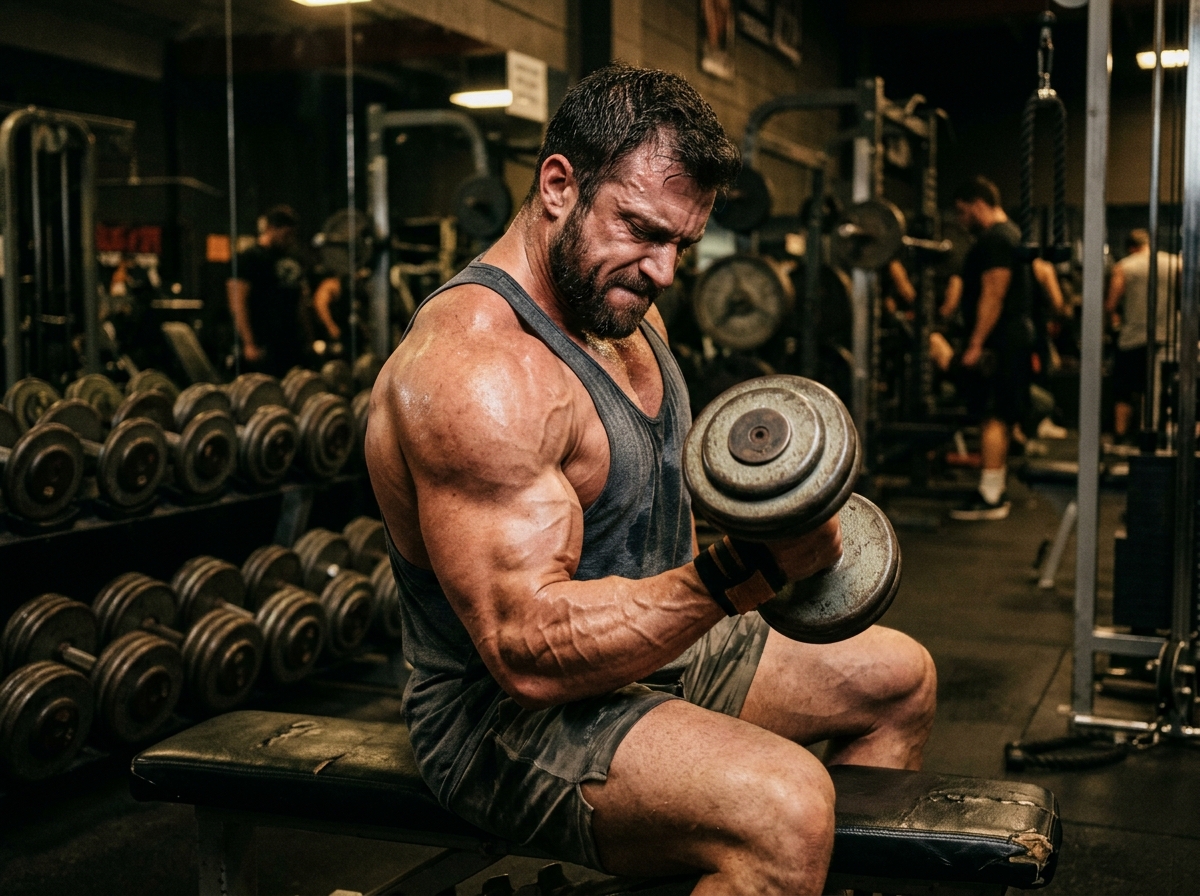 Muscular athlete performing heavy seated dumbbell curls focused on bicep and upper body hypertrophy