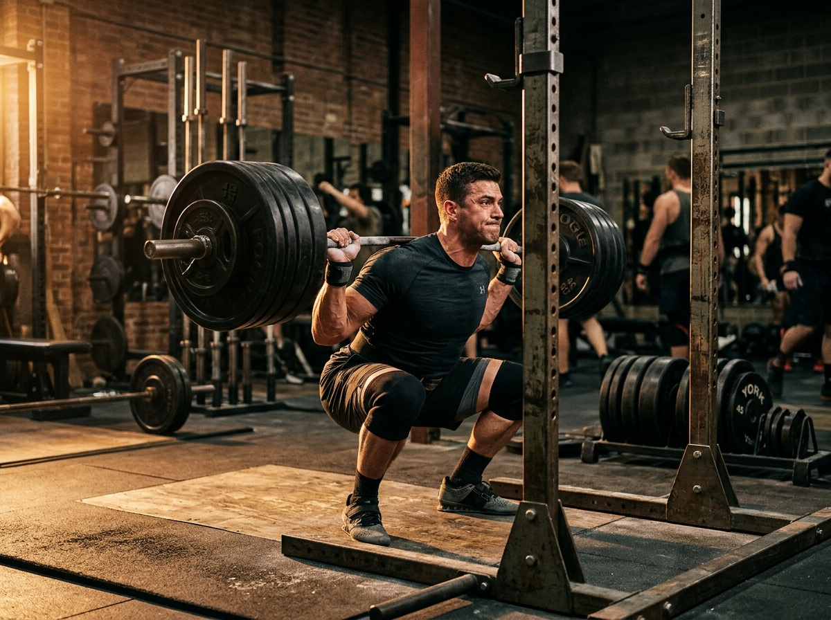 Powerlifter executing a full barbell back squat in a steel rack